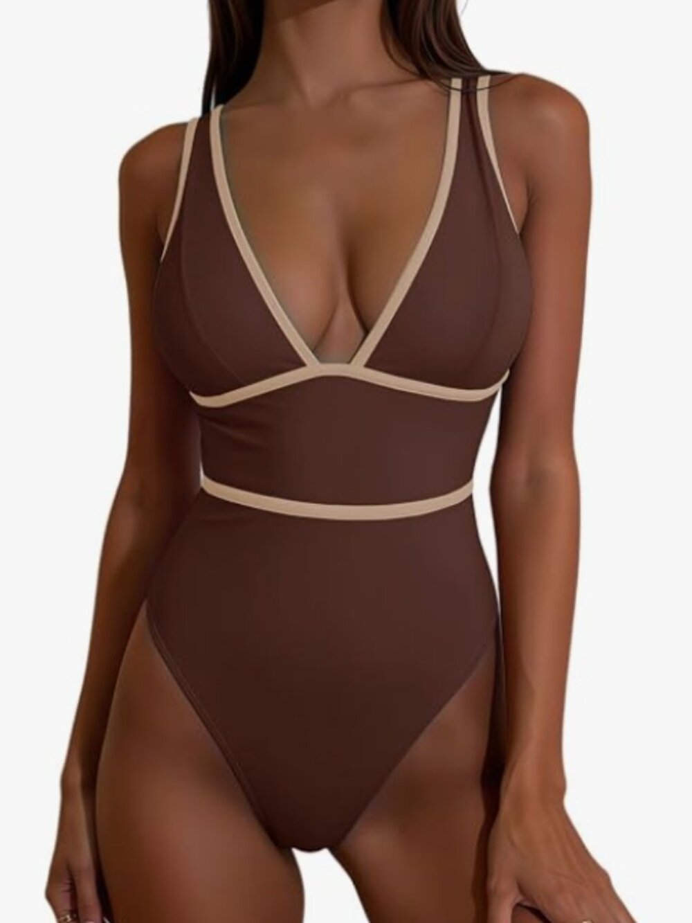 Women's One Piece Swimsuits Color Block Deep V Neck Tummy Control Bathing Suits